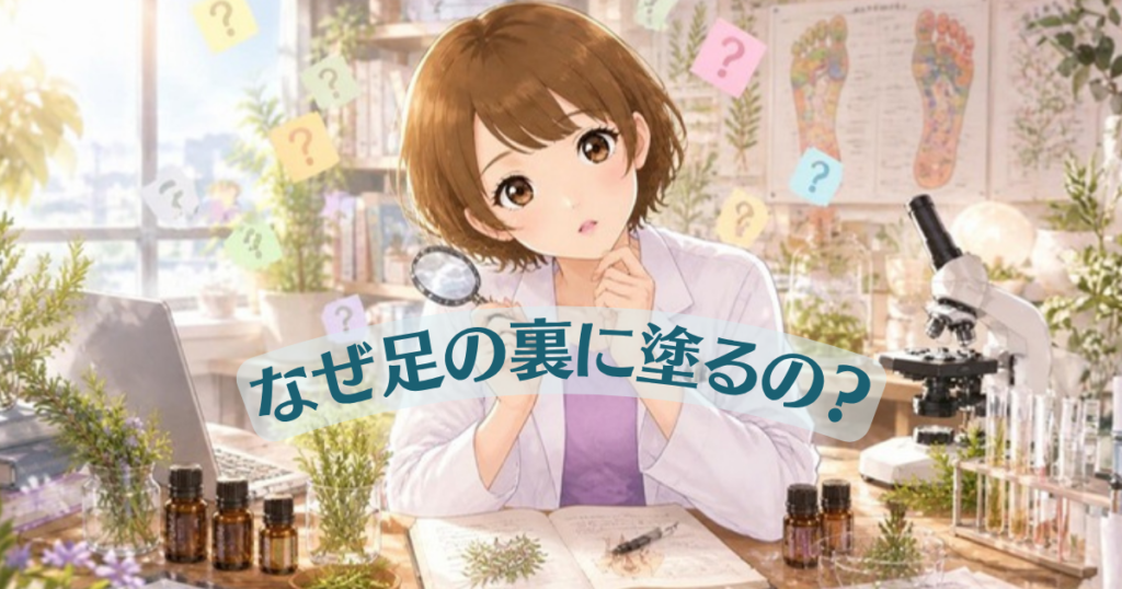 ドテラはなぜ足の裏に塗るのかを調べる女性研究者のイラスト