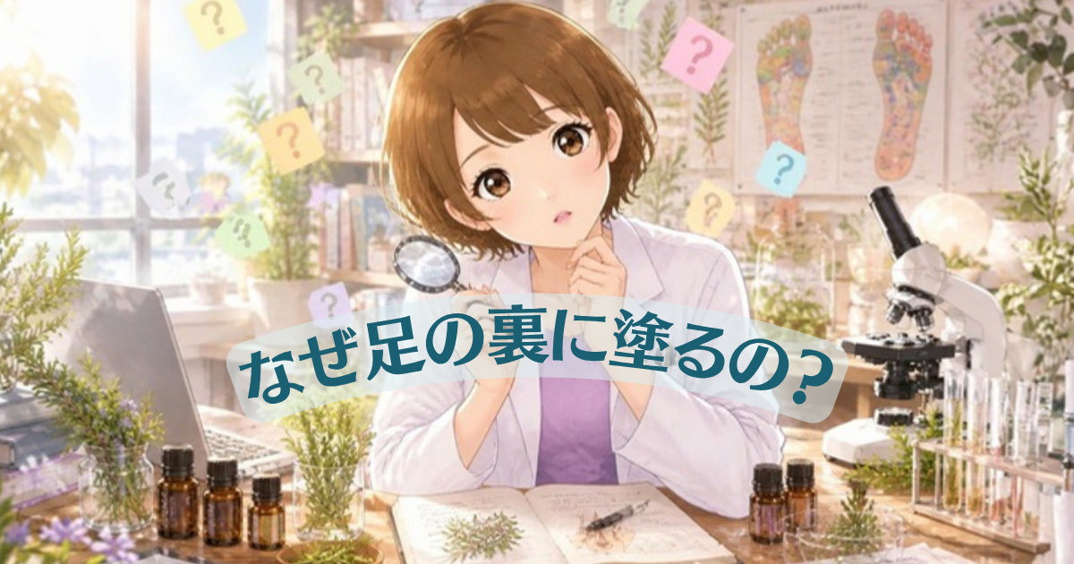 ドテラはなぜ足の裏に塗るのかを調べる女性研究者のイラスト